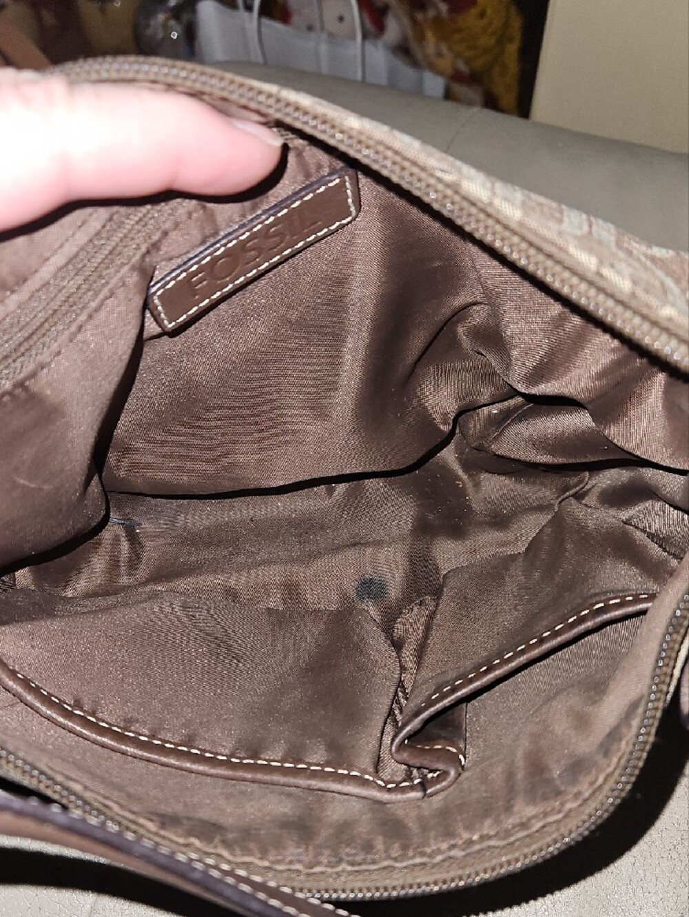 Fossil Brown Logo Jacquard Shoulder Bag with Dark Brown Trim - Picture 7 of 10